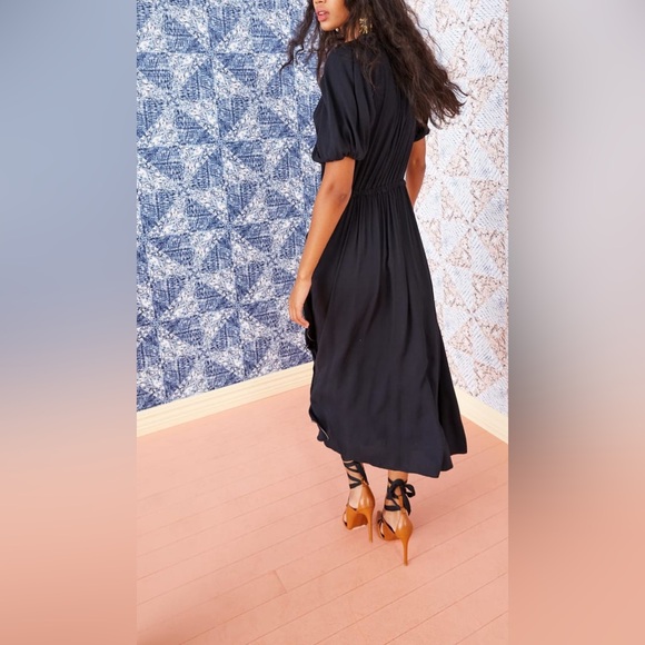 Ulla Johnson Leah Dress Noir Black Midi Puff Sleeve Contrast Trim Size 10 Tie - Picture 3 of 16